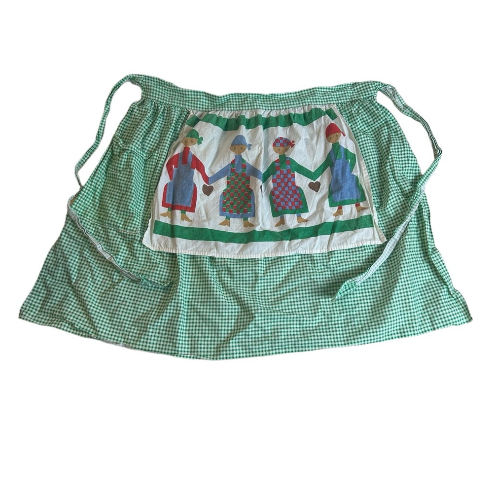 Vintage Half Apron Women Gingham Green Pockets Tie Waist Folk Country Farmhouse